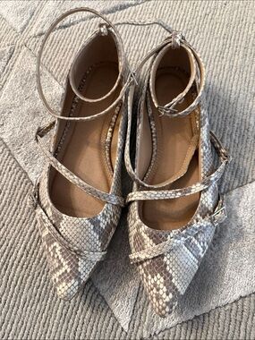 ASOS Snake-Print Pointed Ankle-Strap Flats in Beige and Taupe